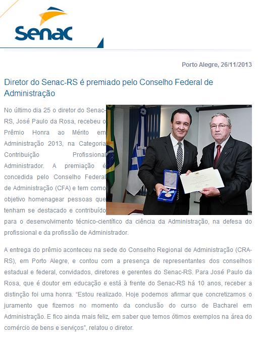 Diretor do Senac-RS é premiado pelo Conselho Federal de Administração